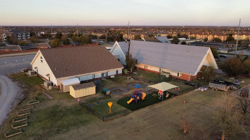 Aerial view of a roof replacement across a church campus