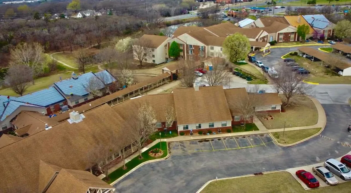 Aerial view of roof replacement work at a multifamily community