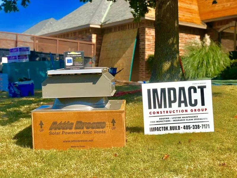 Roofing materials delivered beside an Impact Roofing yard sign